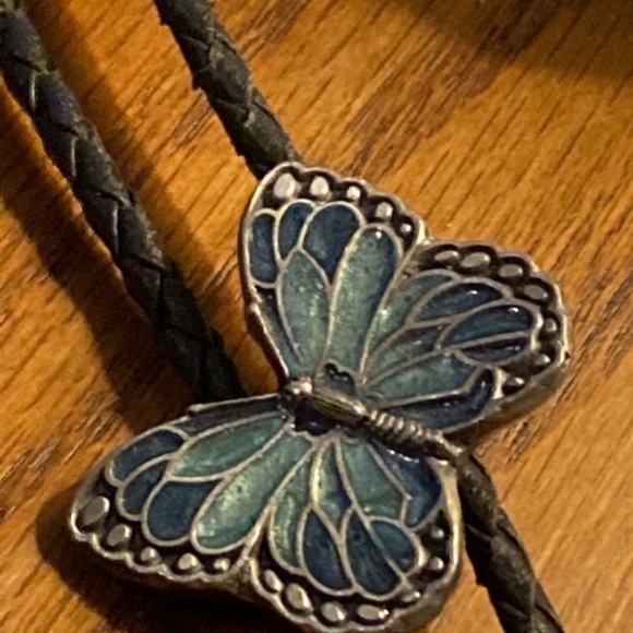 Blue Butterfly Bolo with Black Leather Cord - Picture 1 of 2